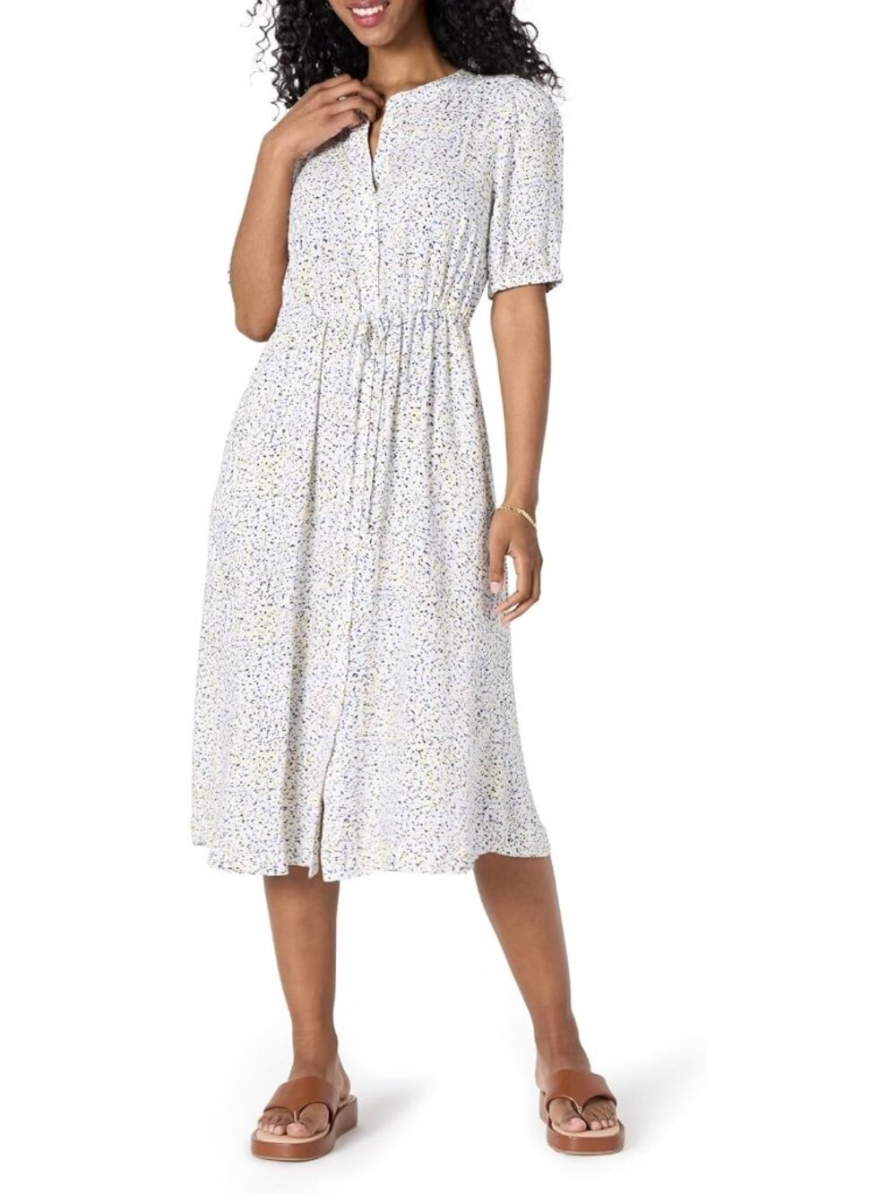 Women's White Button Feminine Half Sleeve Waisted Comfortable Midi A-line Dress